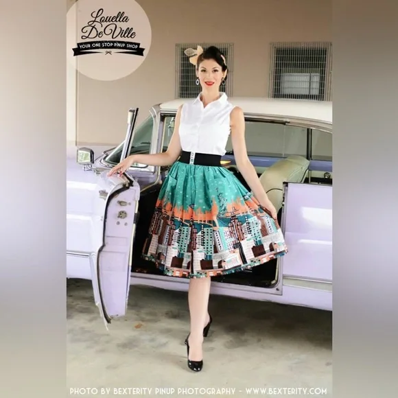 Dresstore Green NYC New York Skyline Landmark Pleated pinup retro Skirt L - Picture 3 of 12